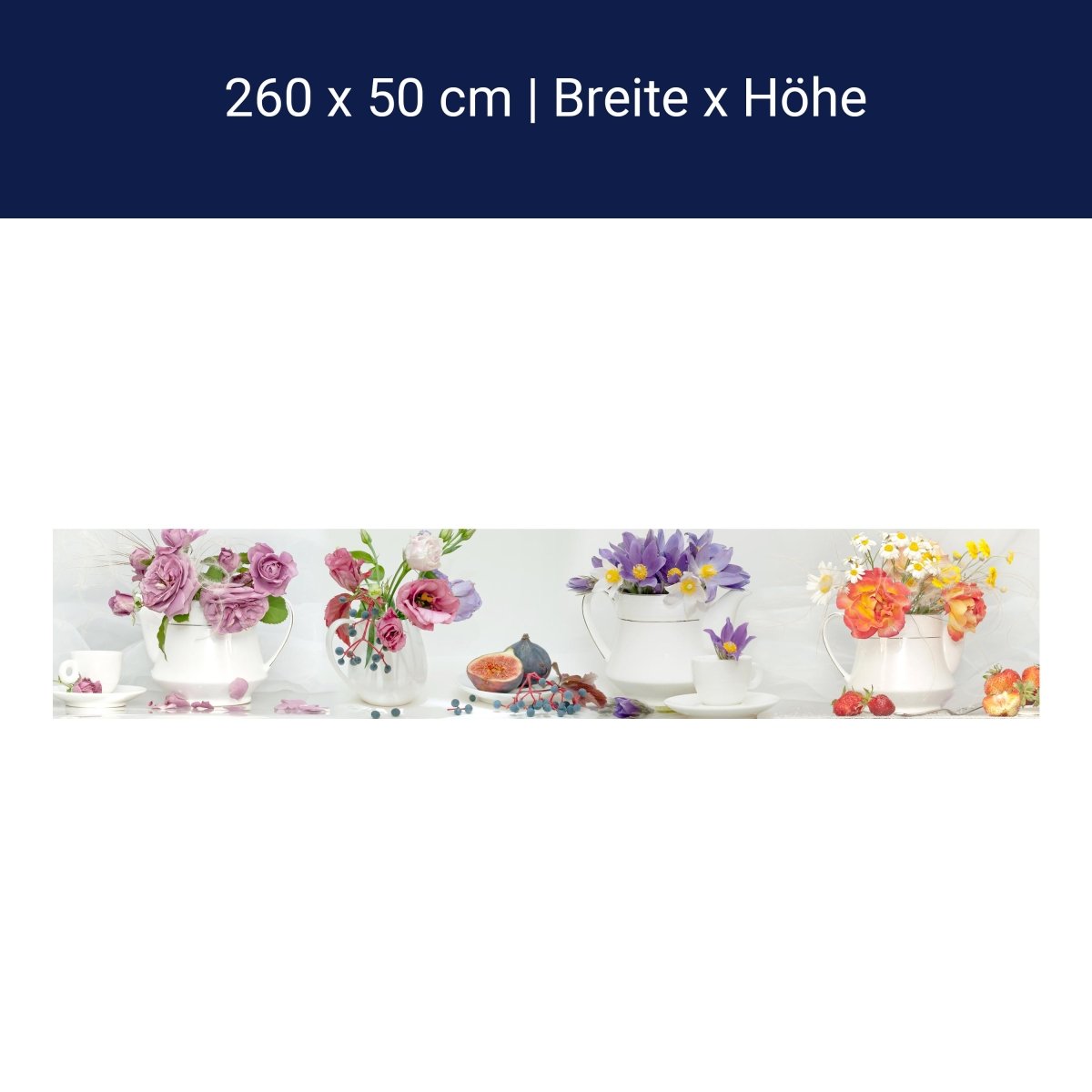 Küchenrückwand Erdbeeren Blumen Tassen Kannen Feige M1315 Küchenrückwand Erdbeeren Blumen Tassen Kannen Feige M1315
