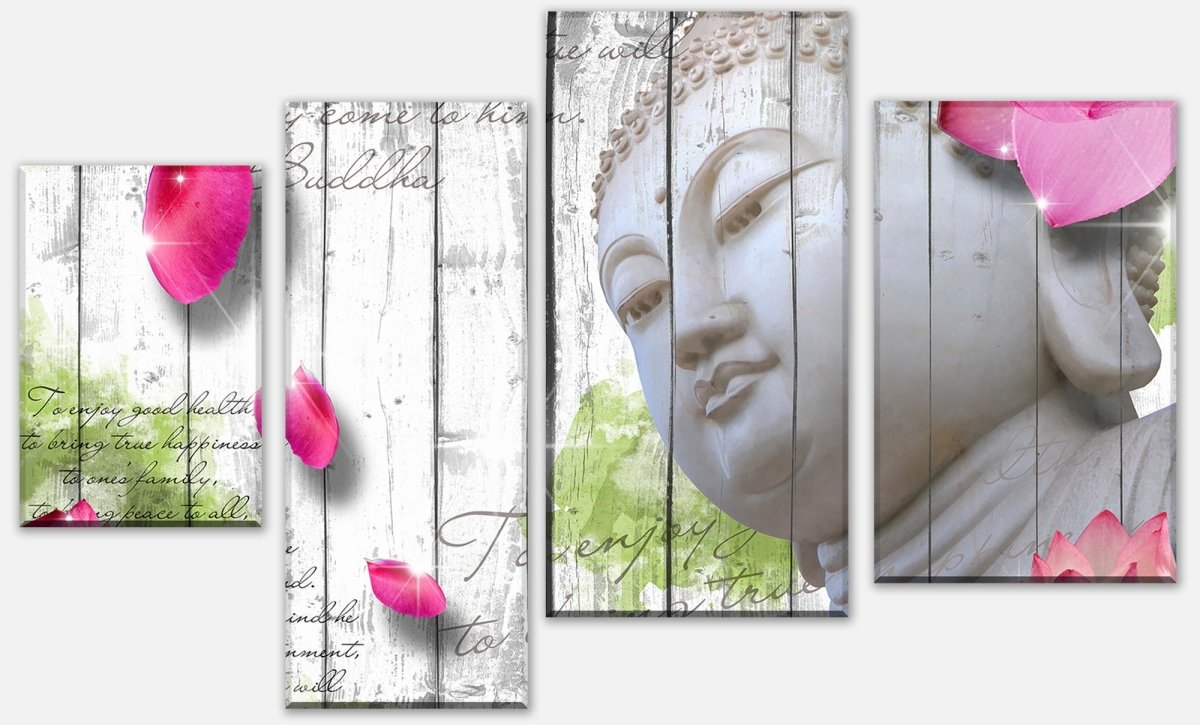 Leinwandbild Mehrteiler Holz Blüten Buddha M0544