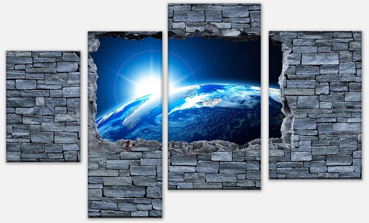 Leinwandbild Mehrteiler 3D Sunrise Earth Space - Steinmauer M0631