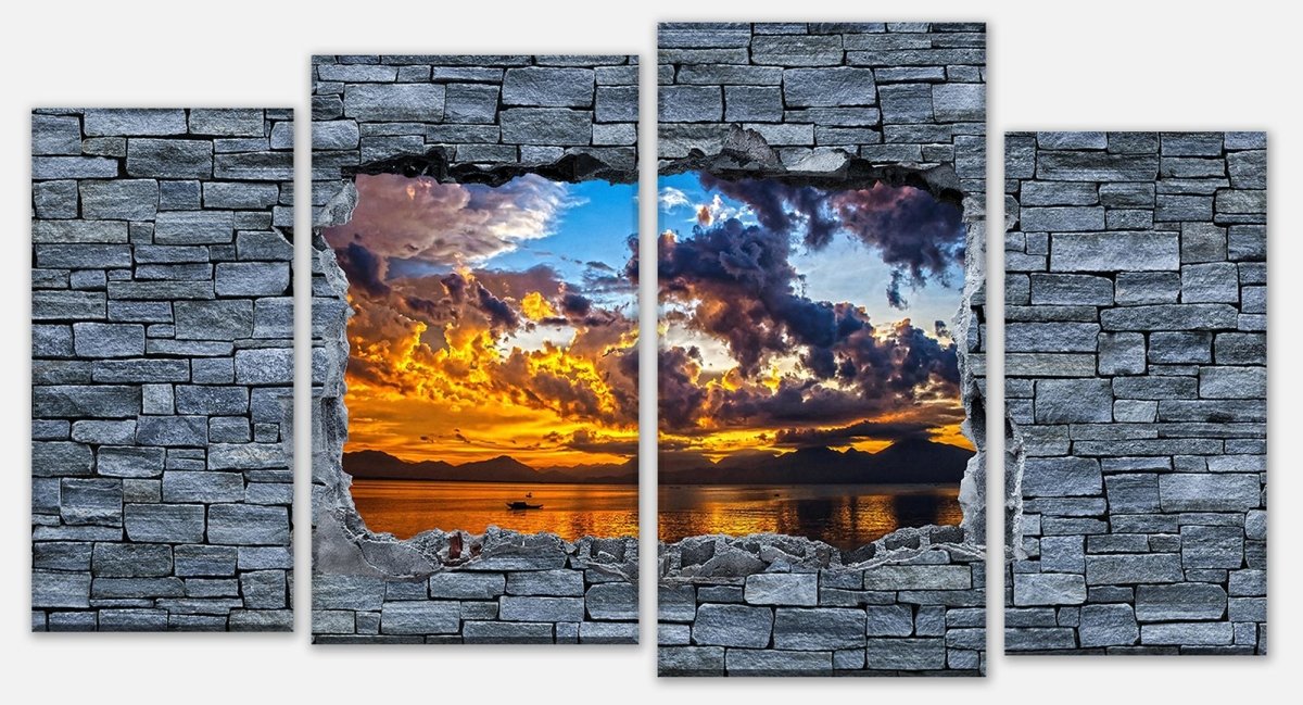 Leinwandbild Mehrteiler 3D Sonnenuntergang - grobe Steinmauer M0639