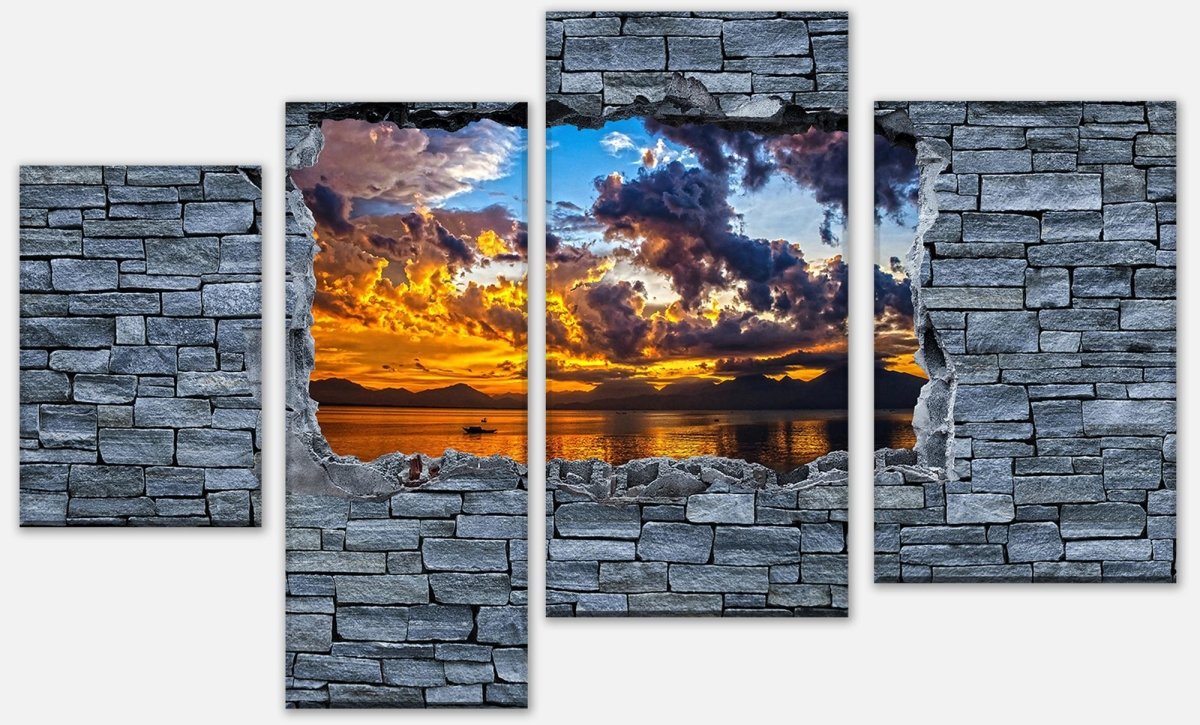 Leinwandbild Mehrteiler 3D Sonnenuntergang - grobe Steinmauer M0639