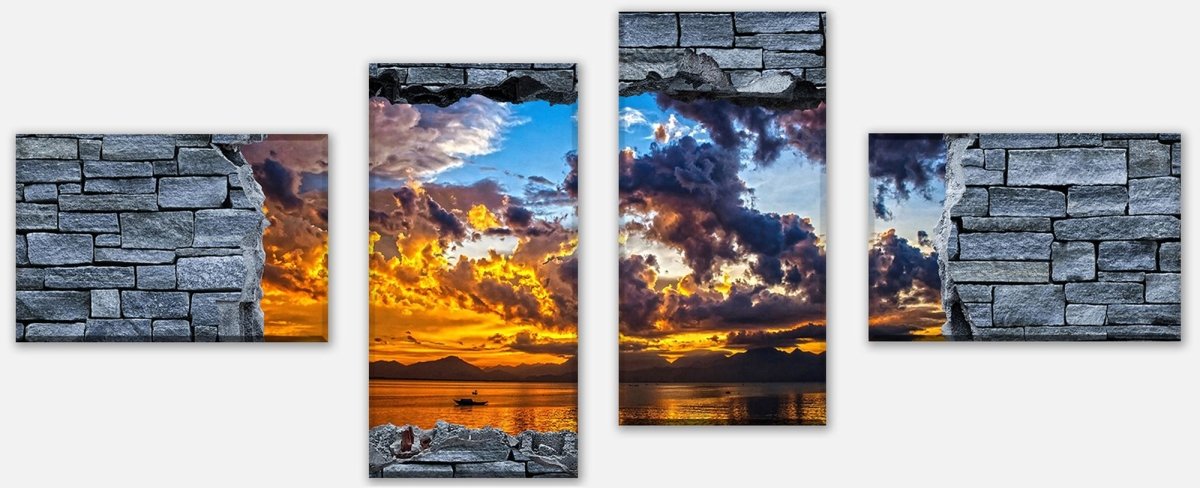 Leinwandbild Mehrteiler 3D Sonnenuntergang - grobe Steinmauer M0639