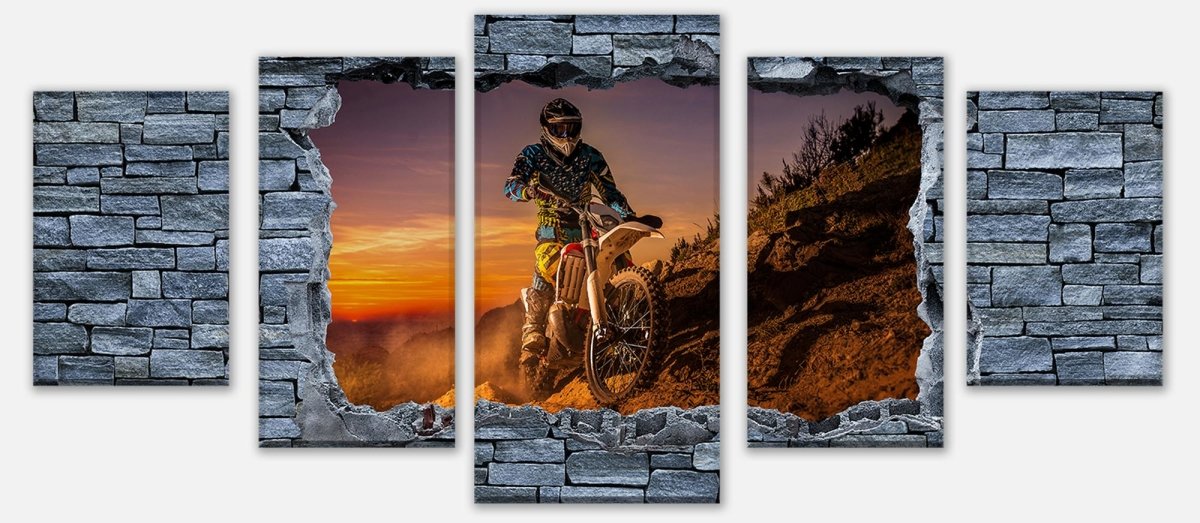 Leinwandbild Mehrteiler 3D Extreme Biker- grobe Steinmauer M0642 entdecken - Bild 1