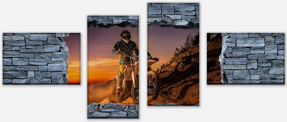 Leinwandbild Mehrteiler 3D Extreme Biker- grobe Steinmauer M0642