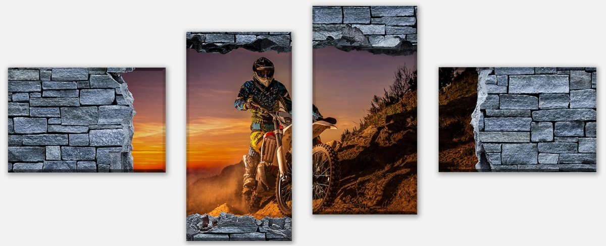 Leinwandbild Mehrteiler 3D Extreme Biker- grobe Steinmauer M0642