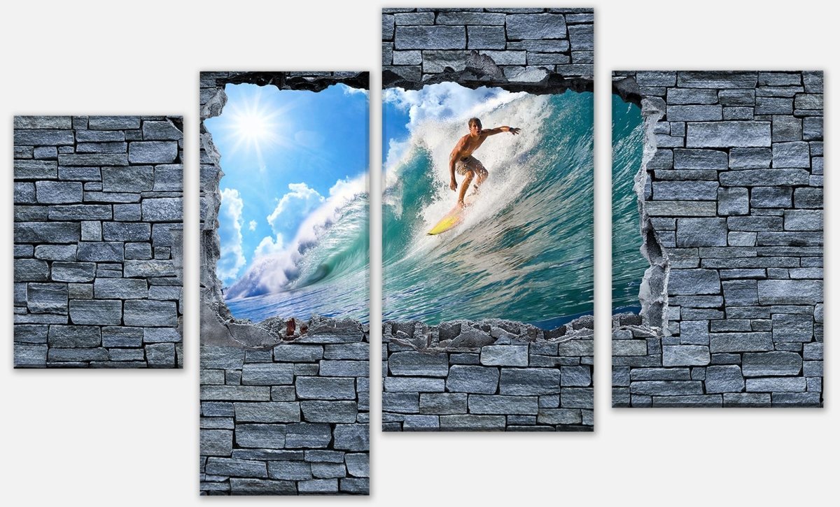 Leinwandbild Mehrteiler 3D Surfing- grobe Steinmauer M0644