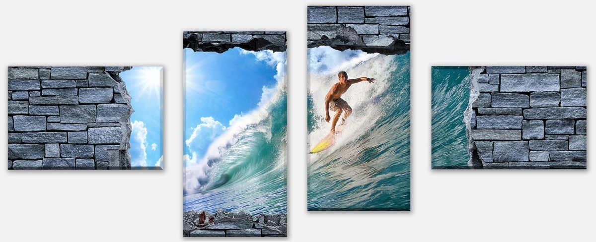 Leinwandbild Mehrteiler 3D Surfing- grobe Steinmauer M0644