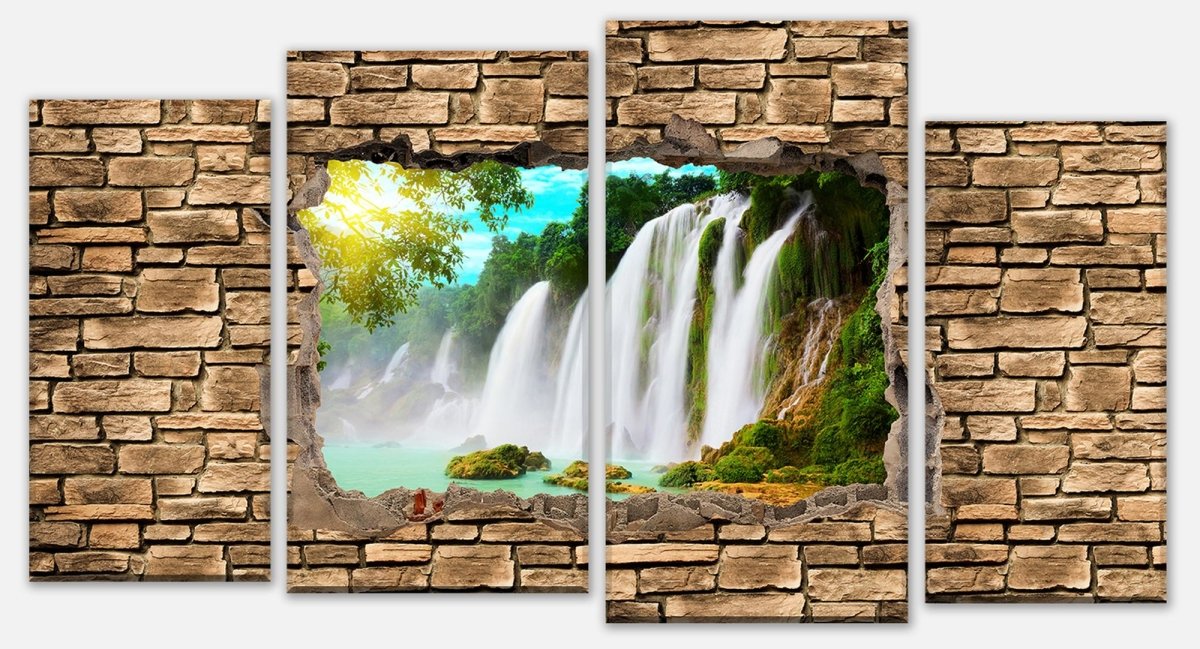 Leinwandbild Mehrteiler 3D Wasserfall - Steinmauer M0645