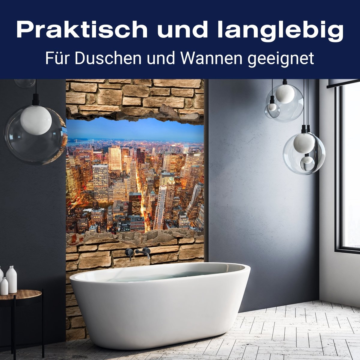 Duschwand 3D Manhattan bei Nacht - Steinmauer M0646 entdecken - Bild 3