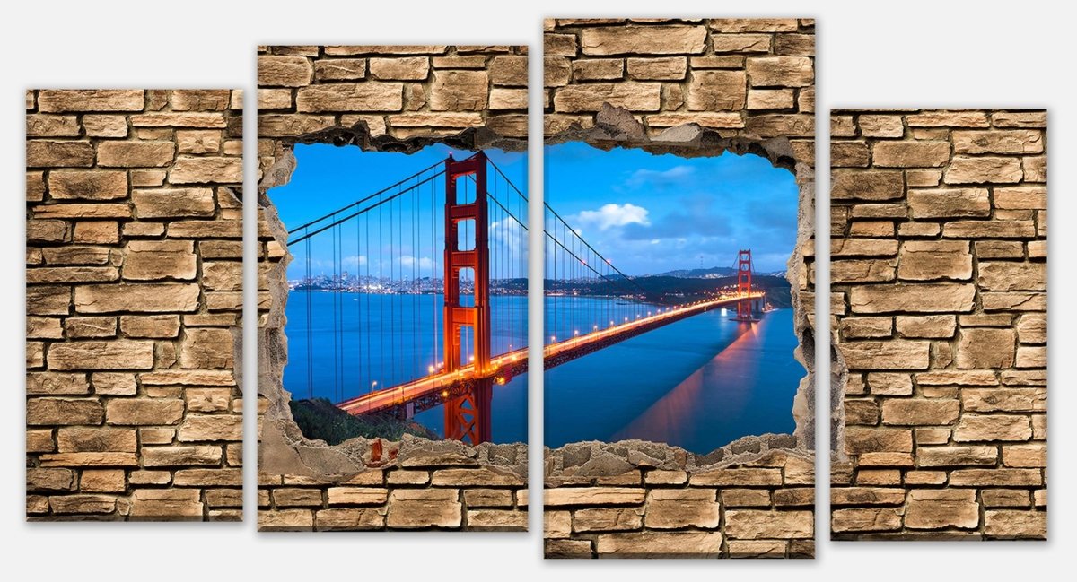 Leinwandbild Mehrteiler 3D Golden Gate Brigde in San Francisco - Steinmauer M0649