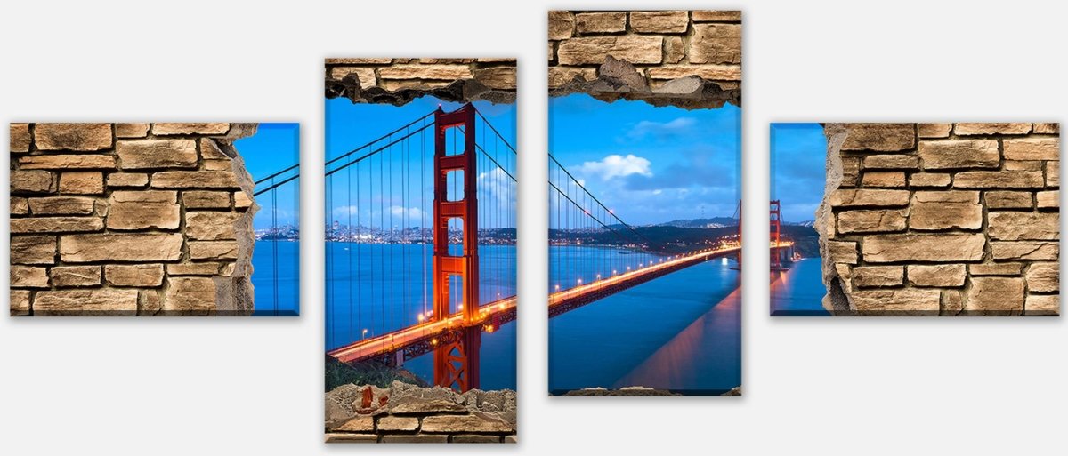 Leinwandbild Mehrteiler 3D Golden Gate Brigde in San Francisco - Steinmauer M0649