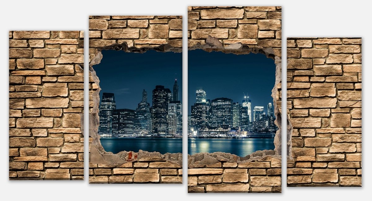 Leinwandbild Mehrteiler 3D New York City by Nacht - Steinmauer M0653