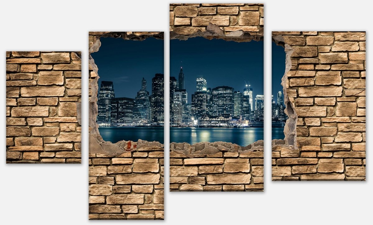 Leinwandbild Mehrteiler 3D New York City by Nacht - Steinmauer M0653