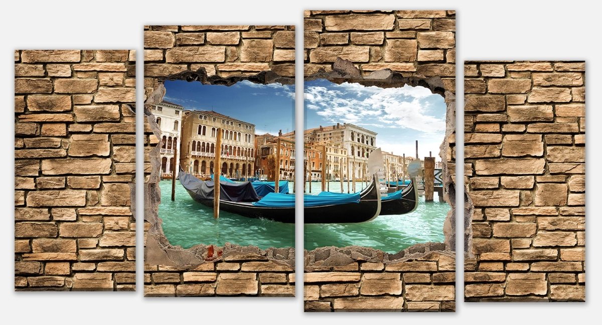 Leinwandbild Mehrteiler 3D Gondeln Venedig - Steinmauer M0655