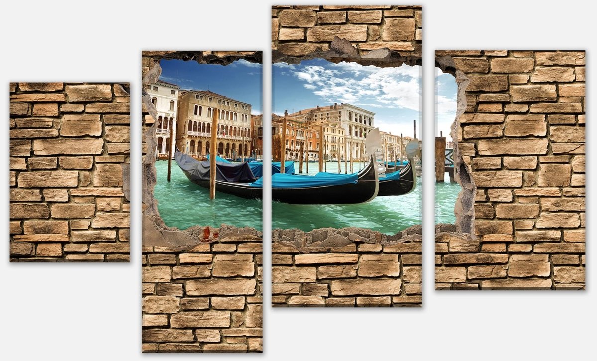 Leinwandbild Mehrteiler 3D Gondeln Venedig - Steinmauer M0655