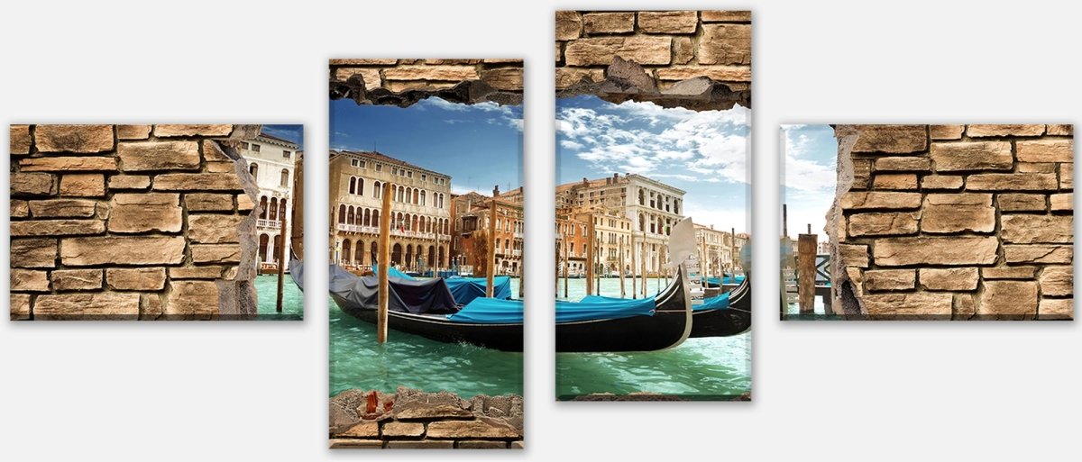 Leinwandbild Mehrteiler 3D Gondeln Venedig - Steinmauer M0655