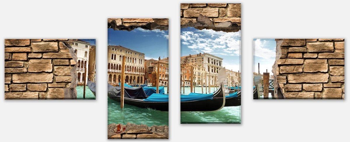 Leinwandbild Mehrteiler 3D Gondeln Venedig - Steinmauer M0655