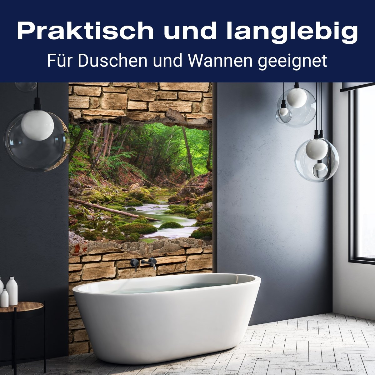 Duschwand 3D Fluss im Wald - Steinmauer M0664 entdecken - Bild 3