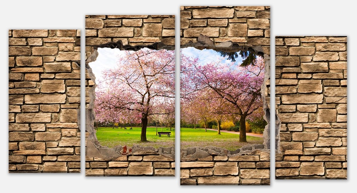 Leinwandbild Mehrteiler 3D Sakura Blumen blühen - Steinmauer M0667