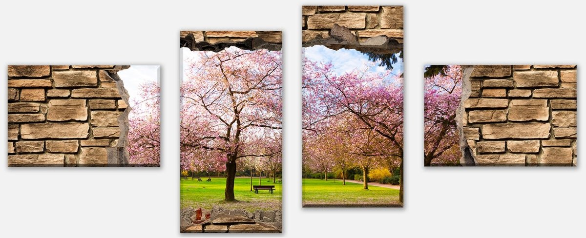 Leinwandbild Mehrteiler 3D Sakura Blumen blühen - Steinmauer M0667