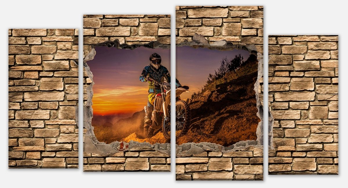 Leinwandbild Mehrteiler 3D Extreme Biker- Steinmauer M0668