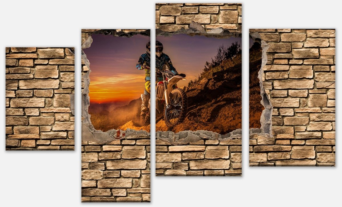 Leinwandbild Mehrteiler 3D Extreme Biker- Steinmauer M0668