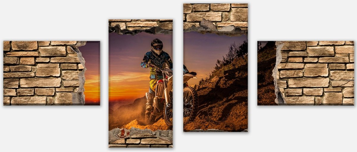 Leinwandbild Mehrteiler 3D Extreme Biker- Steinmauer M0668