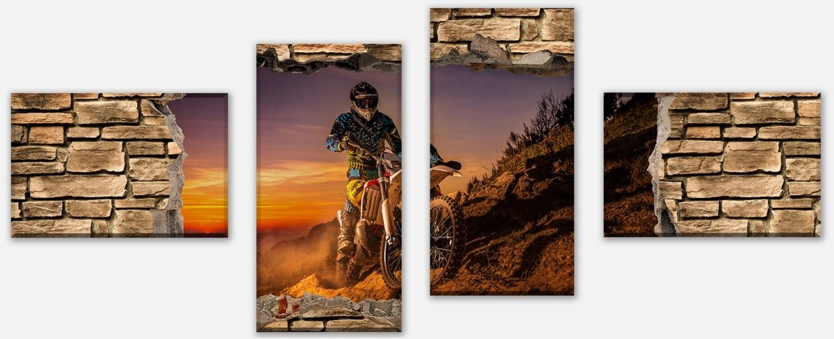 Leinwandbild Mehrteiler 3D Extreme Biker- Steinmauer M0668