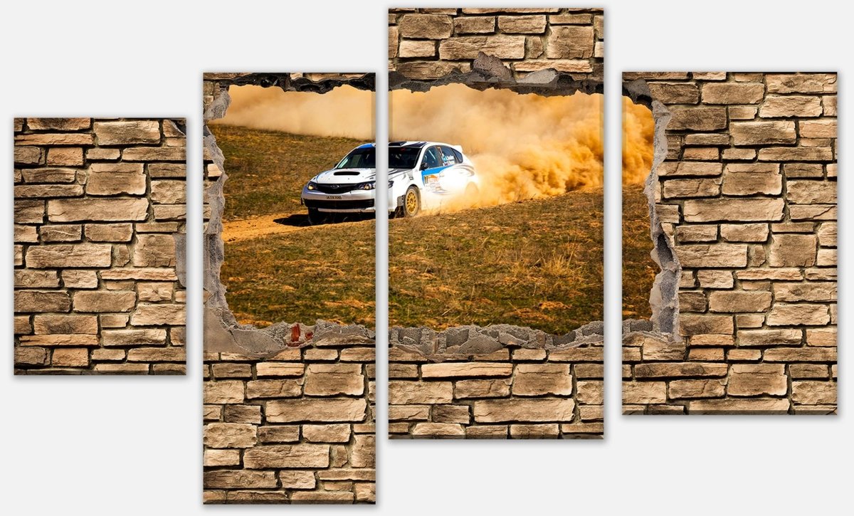 Leinwandbild Mehrteiler 3D Rallye Auto - Steinmauer M0670
