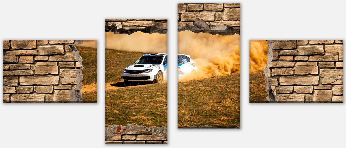 Leinwandbild Mehrteiler 3D Rallye Auto - Steinmauer M0670