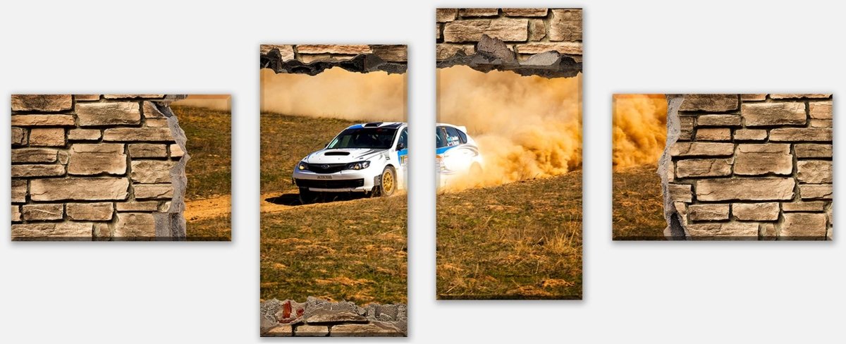 Leinwandbild Mehrteiler 3D Rallye Auto - Steinmauer M0670