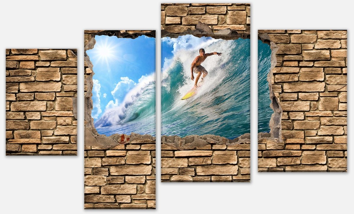 Leinwandbild Mehrteiler 3D Surfing - Steinmauer M0672