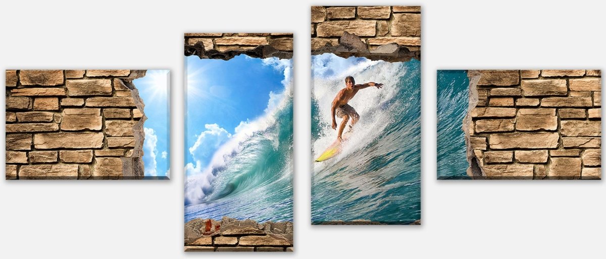 Leinwandbild Mehrteiler 3D Surfing - Steinmauer M0672