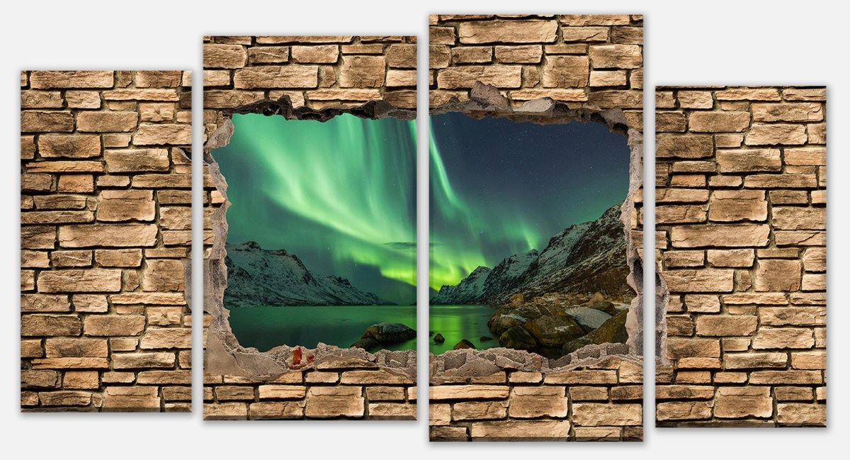 Leinwandbild Mehrteiler 3D Optik - Aurora Borealis Tromsö - Steinmauer M0675