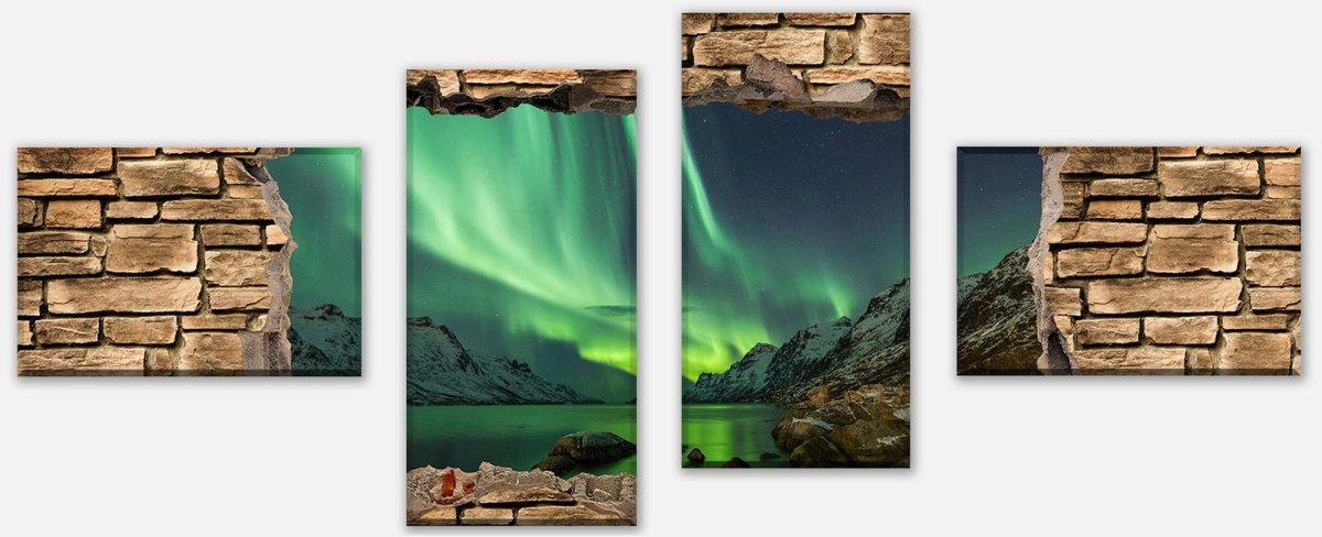 Leinwandbild Mehrteiler 3D Optik - Aurora Borealis Tromsö - Steinmauer M0675