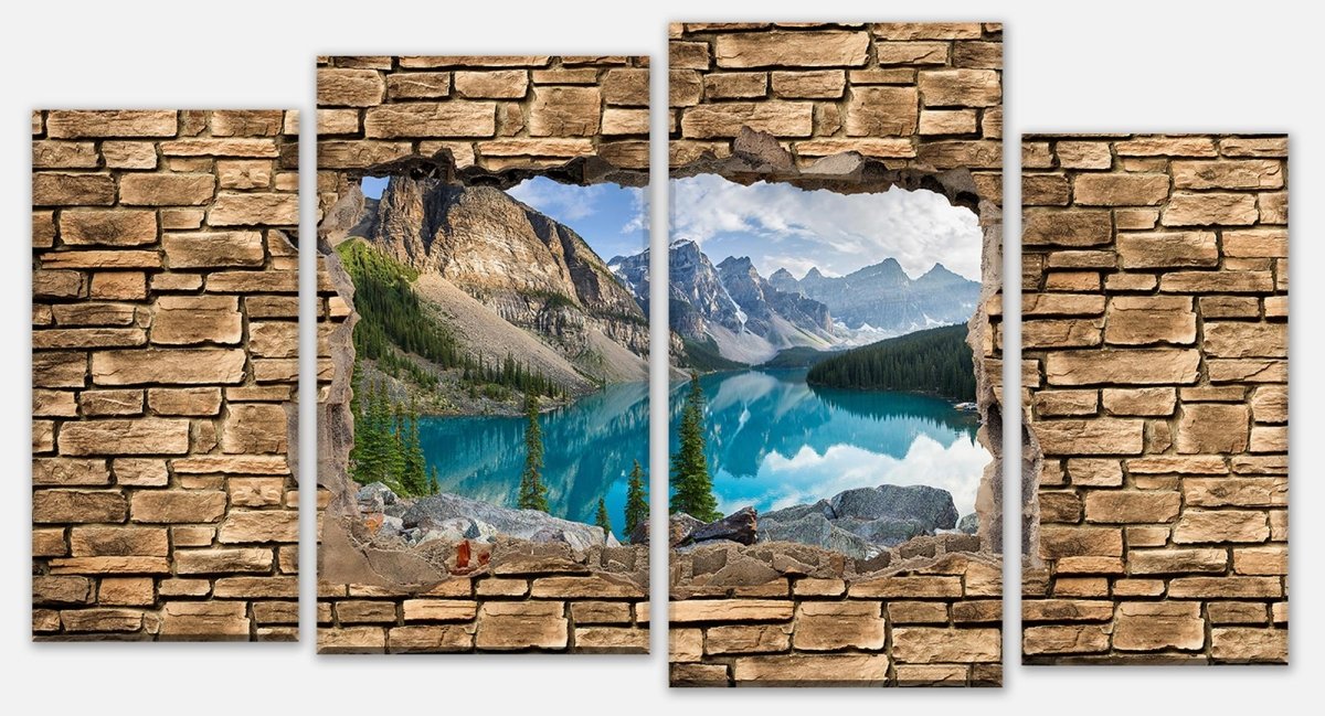 Leinwandbild Mehrteiler 3D Moraine lake rocky mountain panorama - Steinmauer M0676