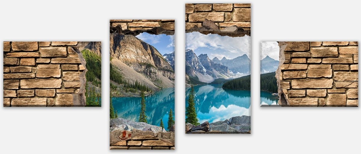 Leinwandbild Mehrteiler 3D Moraine lake rocky mountain panorama - Steinmauer M0676