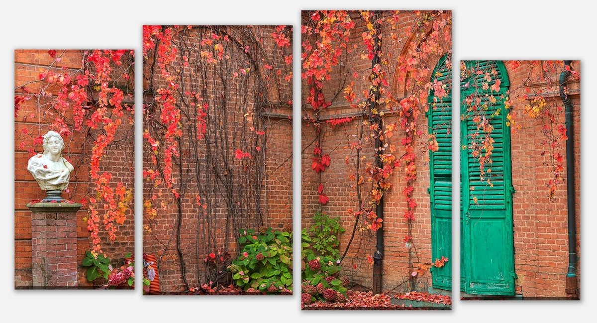 Leinwandbild Mehrteiler Efeu mit roten Blättern wachsen auf einer roten Mauer M0789