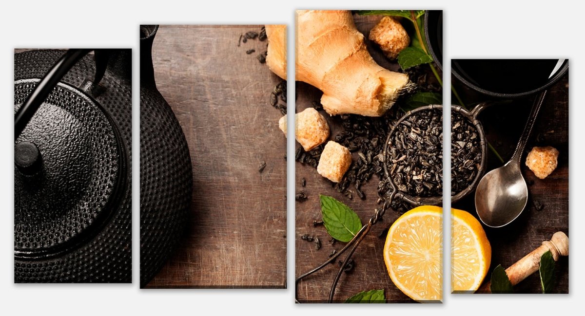 Leinwandbild Mehrteiler Rustikale Teekanne mit Kräutern M0847