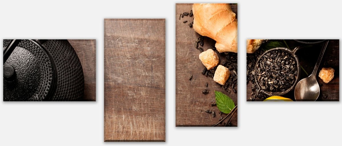 Leinwandbild Mehrteiler Rustikale Teekanne mit Kräutern M0847