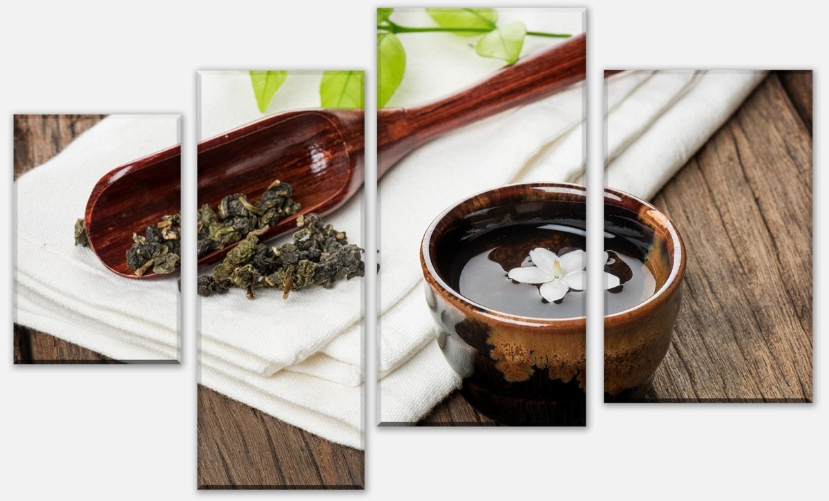 Leinwandbild Mehrteiler Eine Tasse Tee auf Holzbrett M0972