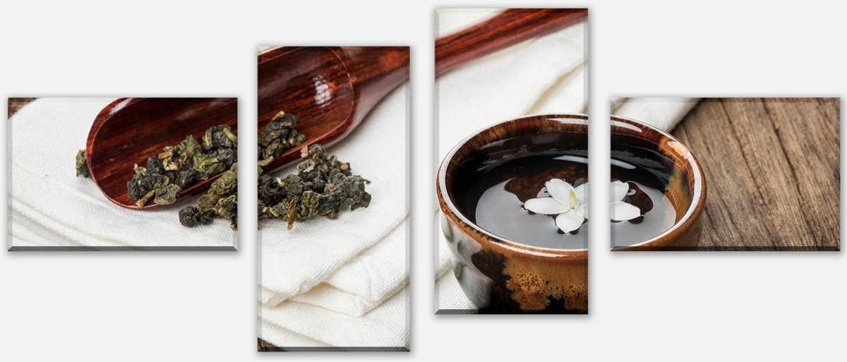 Leinwandbild Mehrteiler Eine Tasse Tee auf Holzbrett M0972