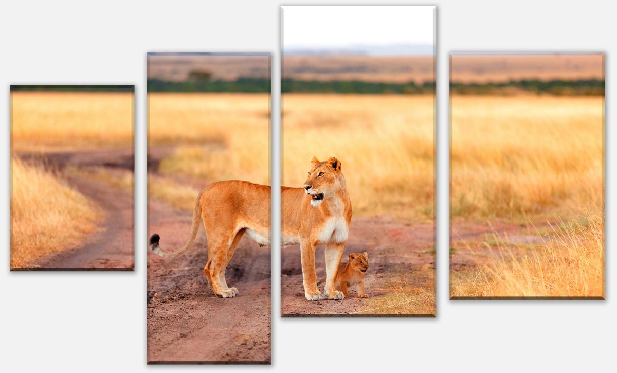 Leinwandbild Mehrteiler Löwe mit einem Jungen, Kenia M1020