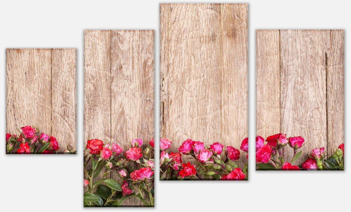 Leinwandbild Mehrteiler Rote Rosen auf Holzbrett M1025