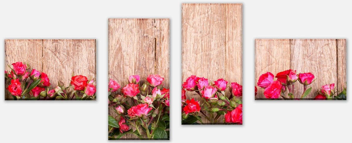 Leinwandbild Mehrteiler Rote Rosen auf Holzbrett M1025