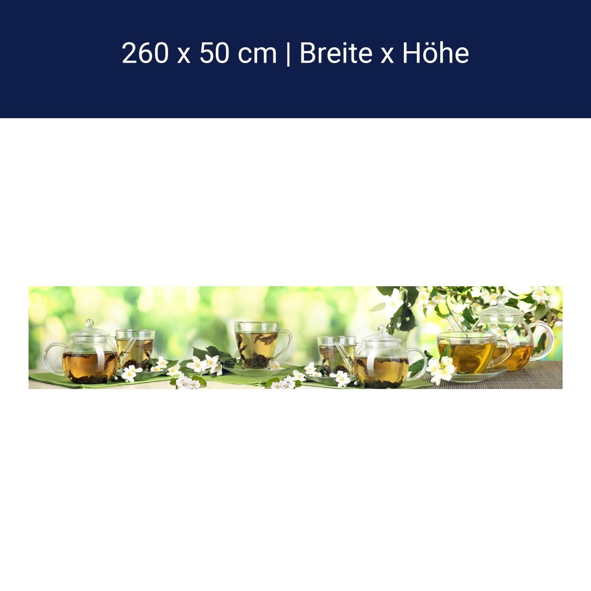 Küchenrückwand Tee Gläser Kanne Blüten Grün Blätter M1200