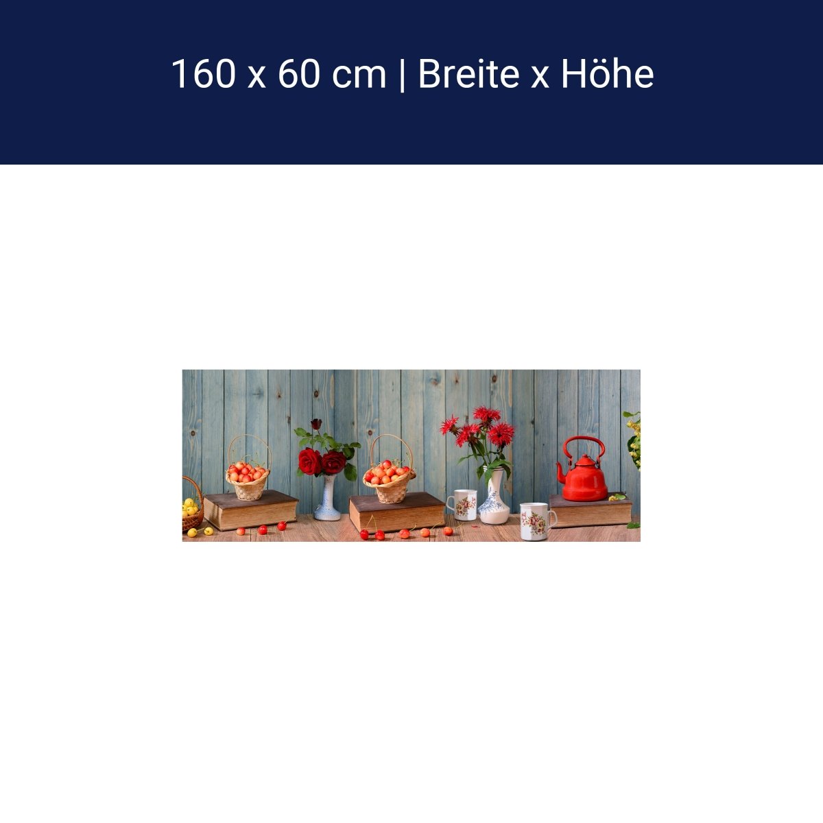 Küchenrückwand Rosen Holz Kanne Kirschen Blüten Gelb M1204