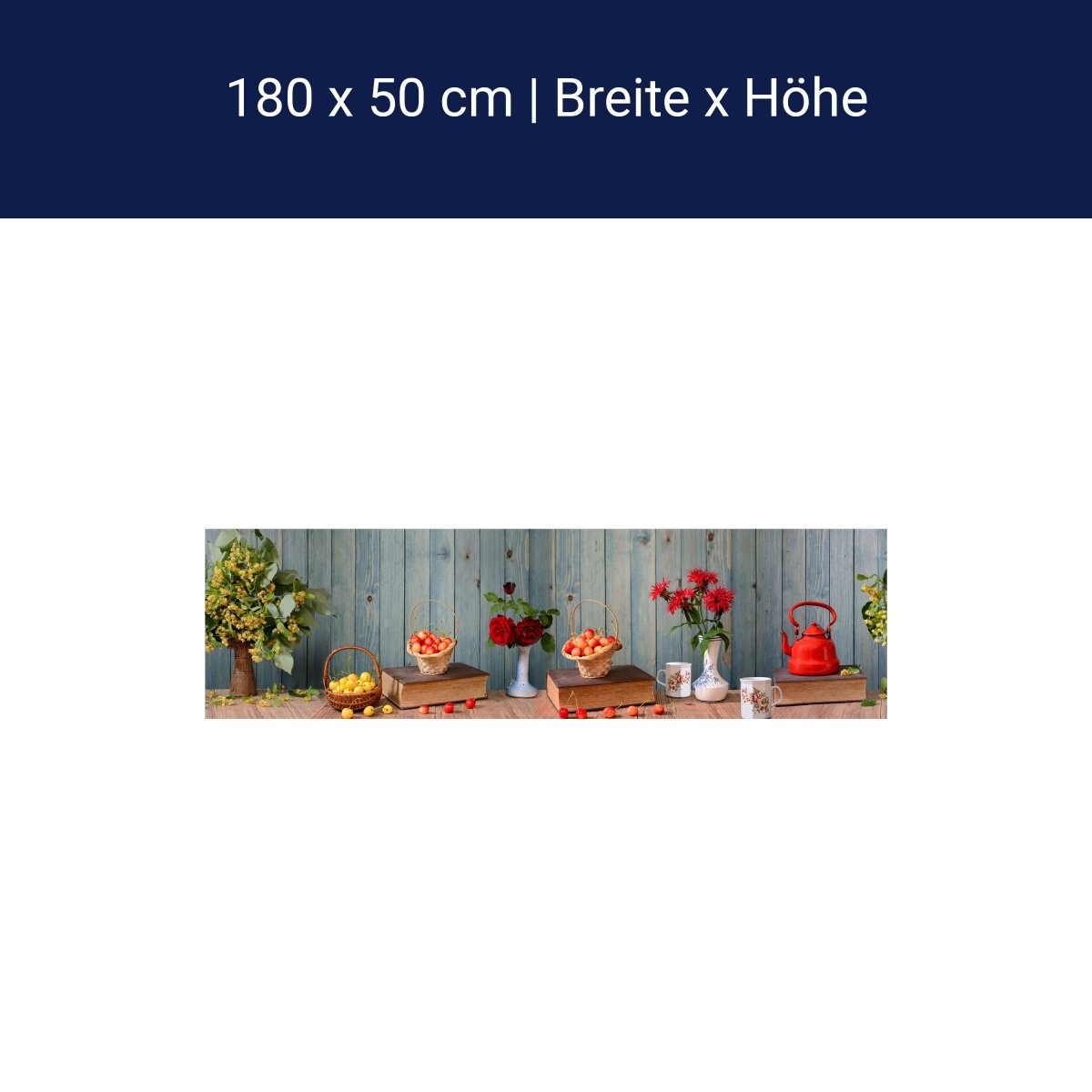 Küchenrückwand Rosen Holz Kanne Kirschen Blüten Gelb M1204