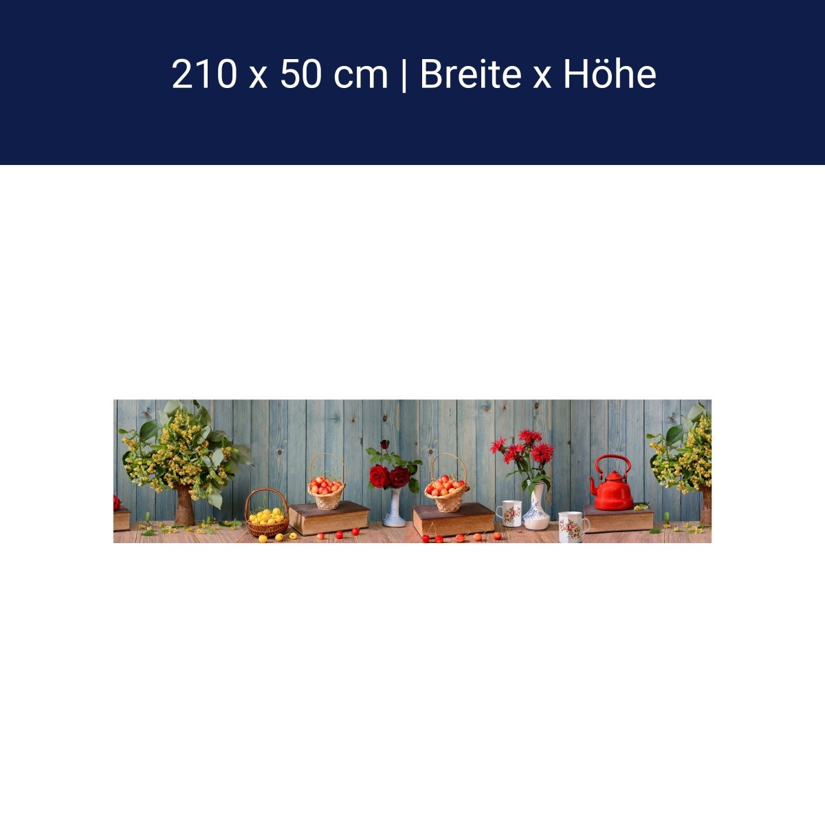 Küchenrückwand Rosen Holz Kanne Kirschen Blüten Gelb M1204