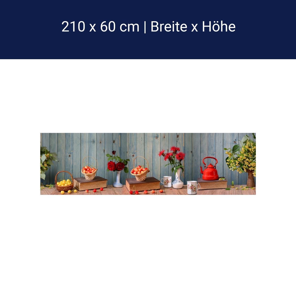 Küchenrückwand Rosen Holz Kanne Kirschen Blüten Gelb M1204